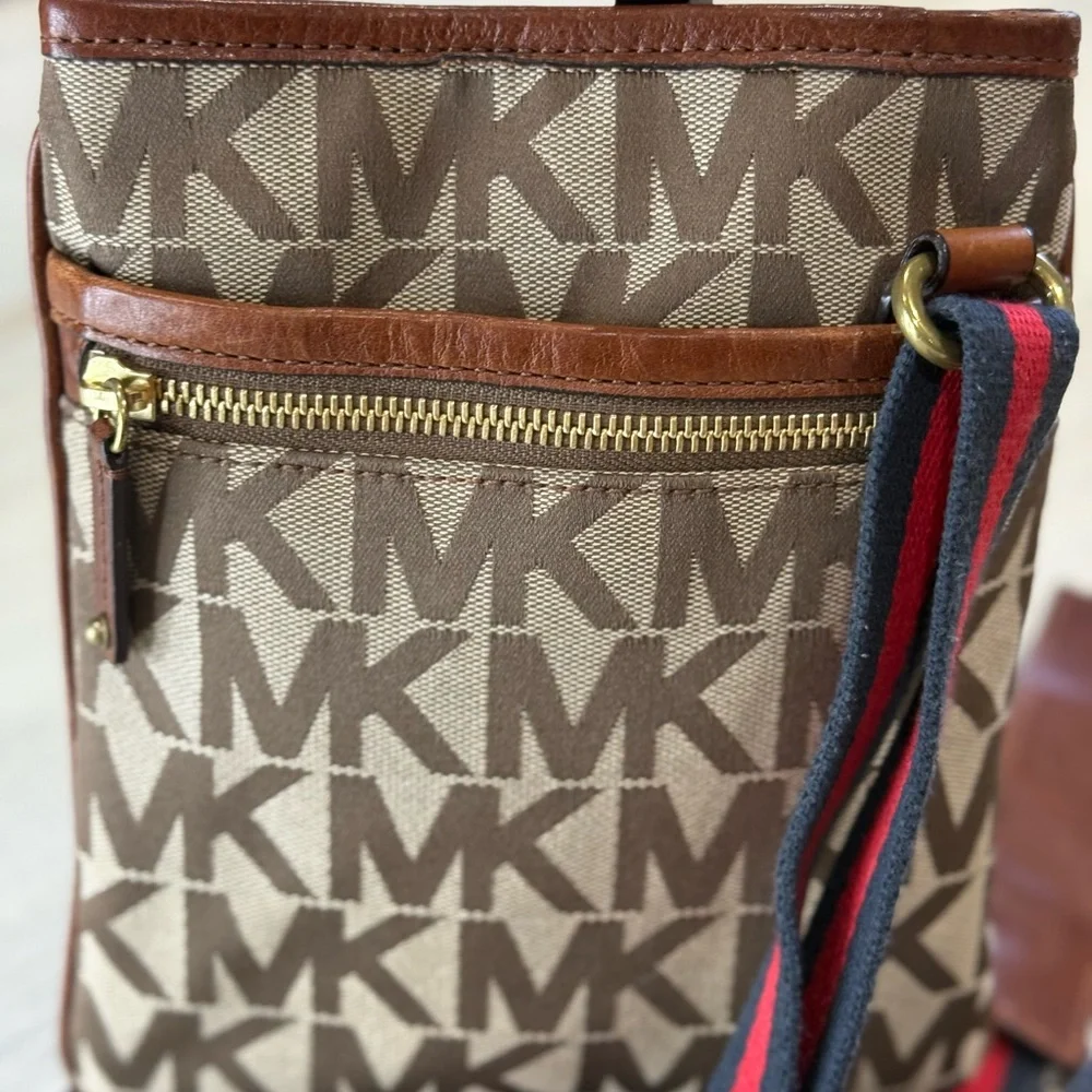 Michael Kors Brown Monogram Crossbody Bag with Red & Navy Webbed Strap
